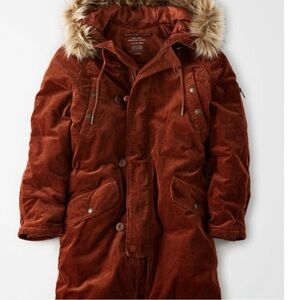 American Eagle Outfitters Rust Corduroy Parka with Faux Fur Hood